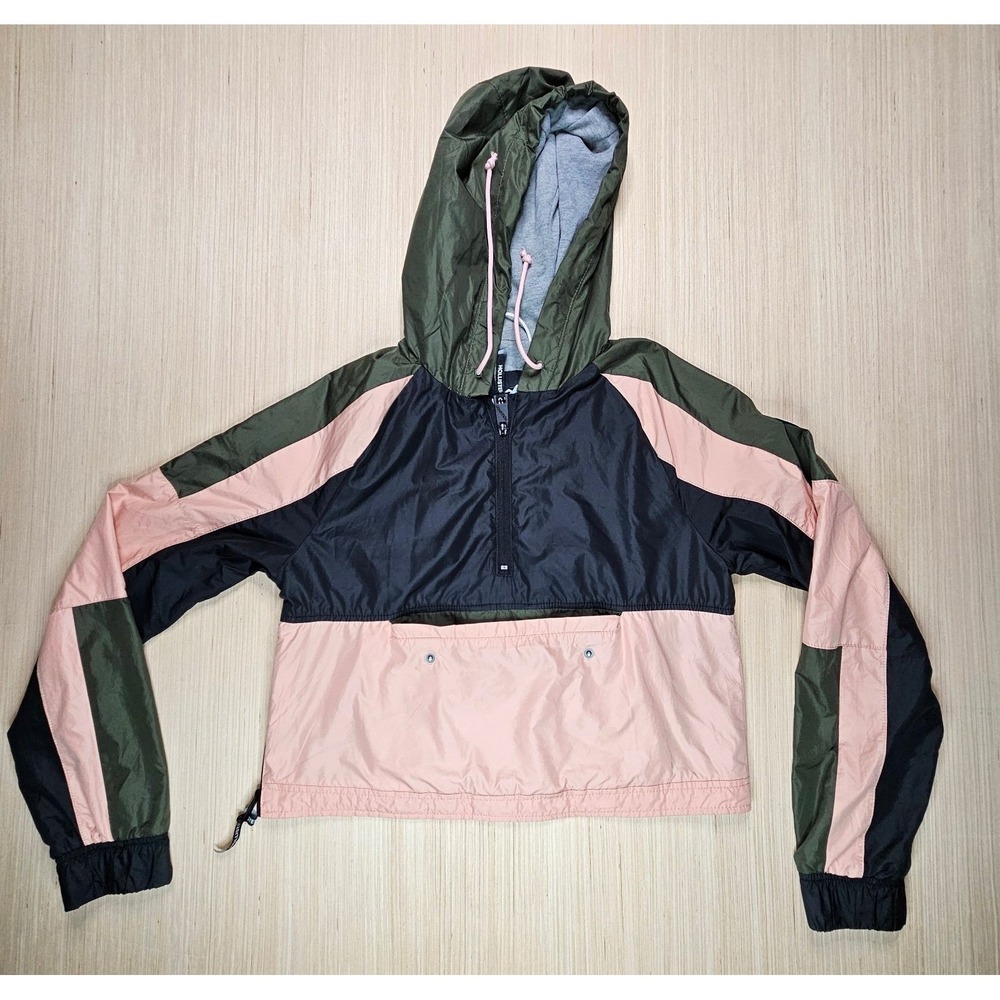 Hollister Windbreaker Jacket Womens S Pink Green Black Colorblock Anorak Hooded